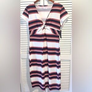 White Short Sleeve Vneck dark pink and black stripes Midi Dress new Size XL